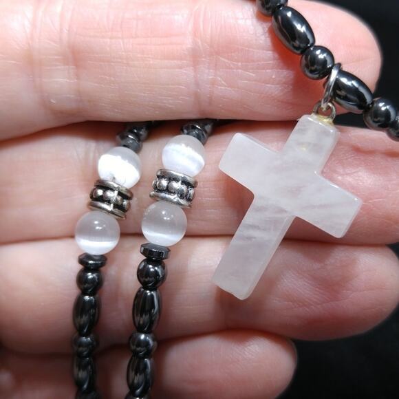Cross Beaded Necklace, Gemstone Beads Cross, 19 Inches, Magnetic Clasp - Picture 5 of 8